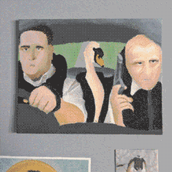 painting of hot fuzz scene where the two cop main characters are in their cruiser with a goose in the back seat