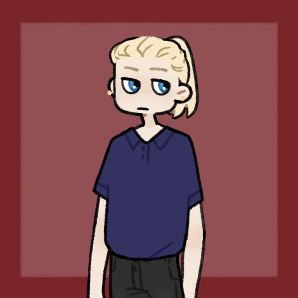 disinterested blonde woman with polo shirt that hides all curves