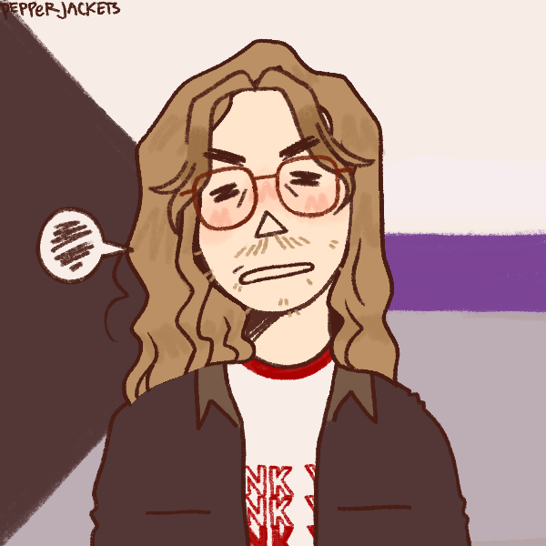 frustrated man with long hair and leather jacket in front of demisexual pride flag