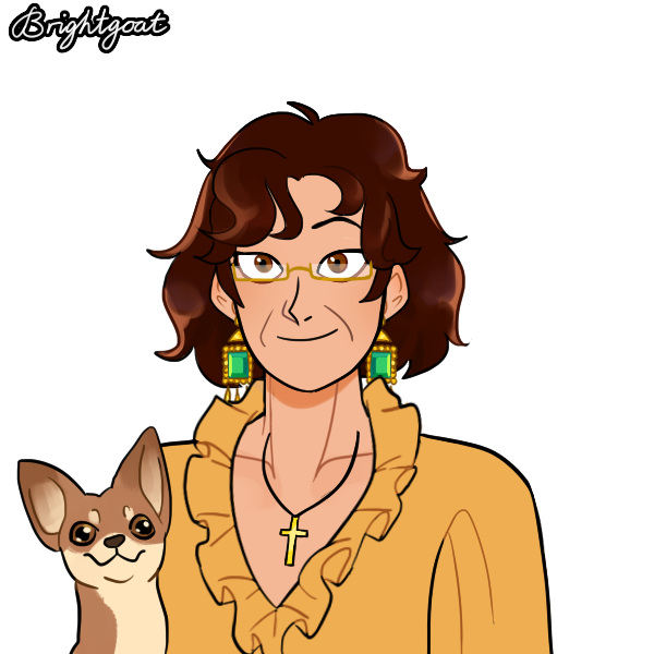 woman with gaudy golden clothing next to chihuahua