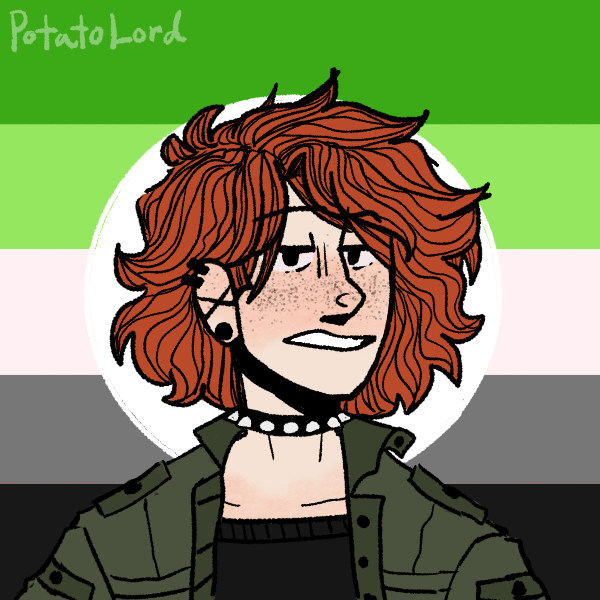 disinterested woman with messy hair and freckles standing in front of aromantic pride flag