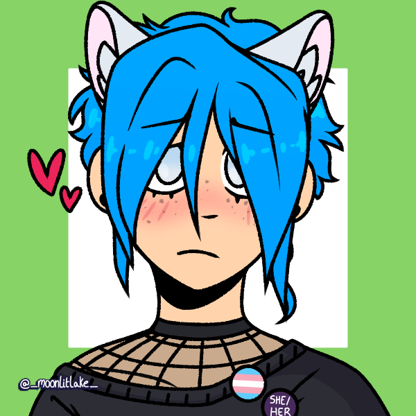 woman with blue hair and cat ears wearing transgender pride pin