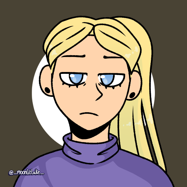 disinterested blonde woman with ponytail wearing turtleneck sweater