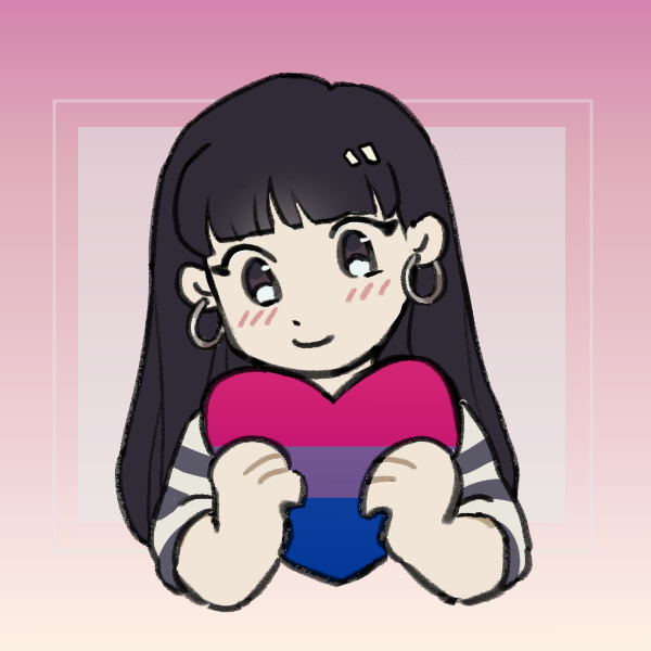 long-haired woman holding bisexual pride heart
