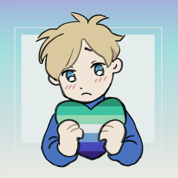 nervous blonde man holding gay male pride heart