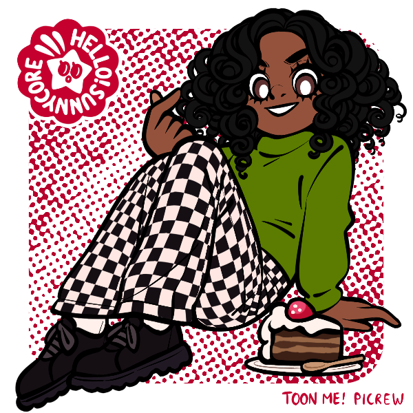 chubby feminine girlboy in checkered pants sitting next to chocolate cake