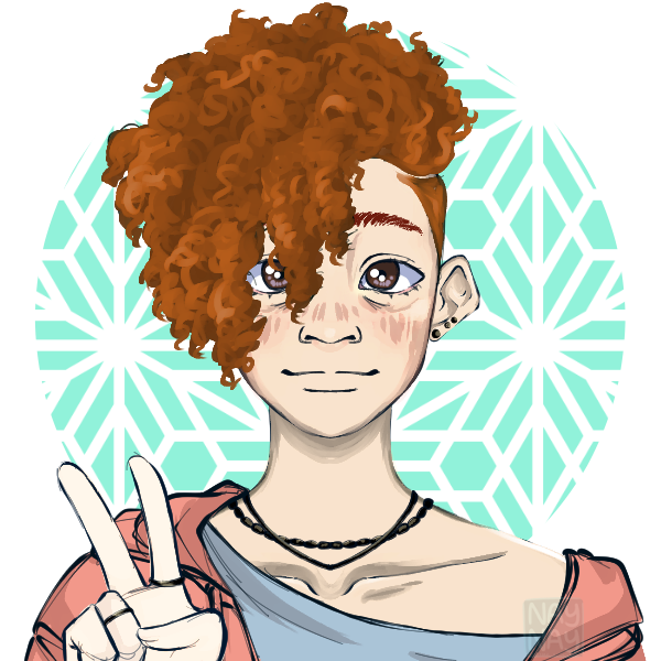 pale girl with afro-textured hair holding up peace sign