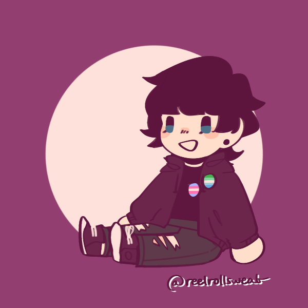 open-mouth smiling emo boy with trans and gay male pride pins sitting on ground