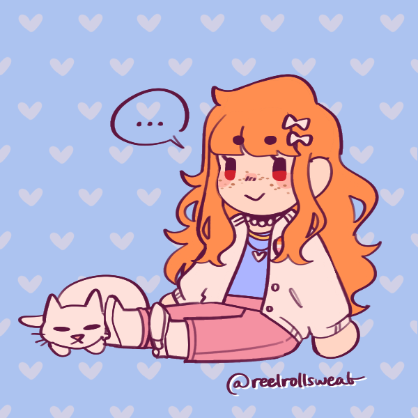 long-haired girl in pastel clothes sitting next to cat on ground