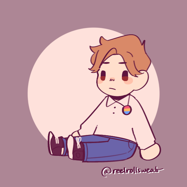 stoic man wearing a pansexual pride pin sitting on ground