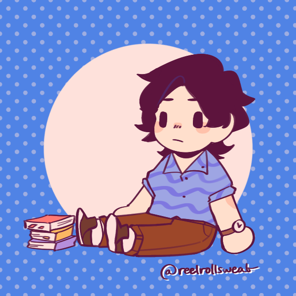 stoic wavy-haired boy sitting next to pile of books on ground