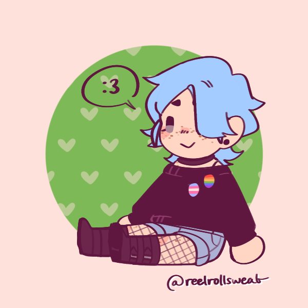 blue-haired girl in fishnet leggings wearing gay and trans pride pins sitting on ground