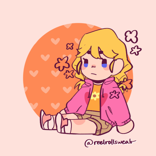 girl with pigtails and flat expression sitting on ground