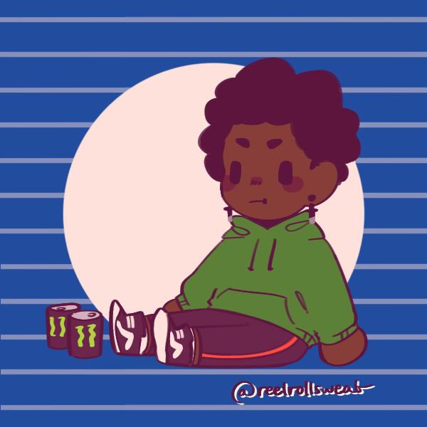 pouty boy with afro sitting on ground next to two cans of monster energy
