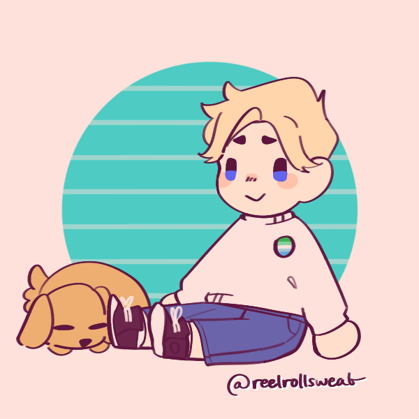 smiling man wearing gay male pride pin sitting on ground next to dog