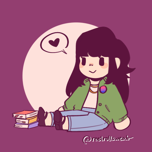 long-haired woman wearing bisexual pride pin sitting next to pile of books on ground