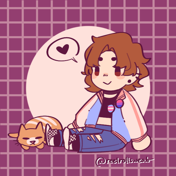 smiling girl wearing bisexual and trans pride pins sitting next to cat on ground