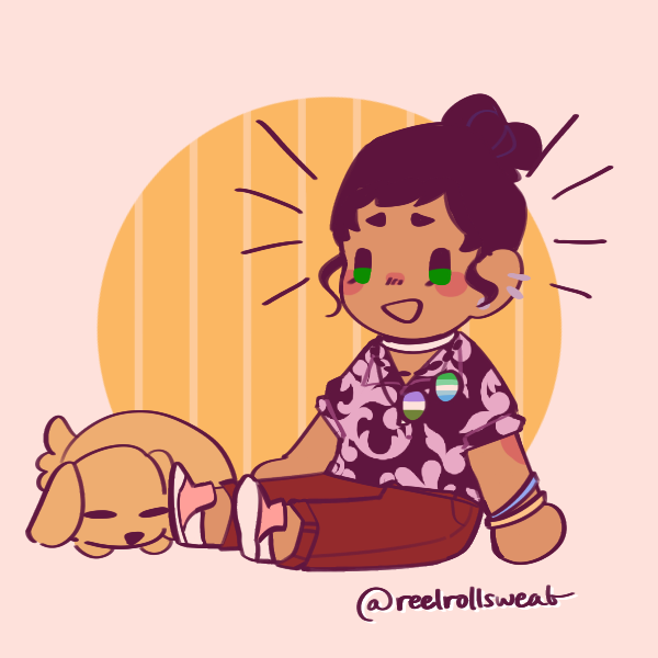 excited man with bun wearing floral shirt and pride pins sitting next to dog on ground