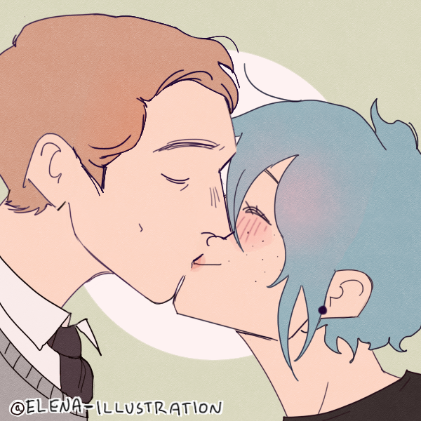 stoic man kissing blue-haired girl on the lips