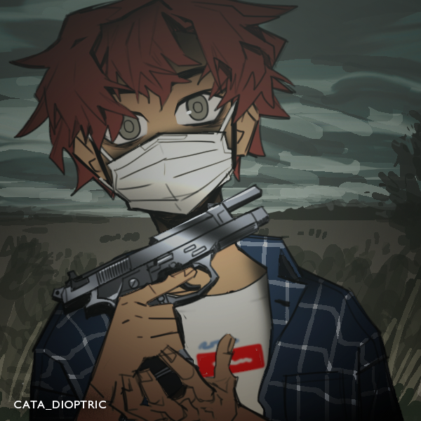 butch with bags under ears wearing surgical mask and holding gun