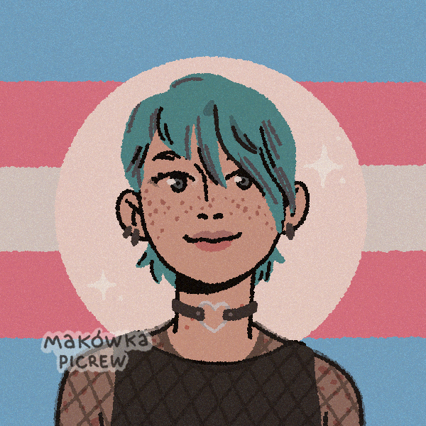 blue-haired girl wearing choker and fishnet top in front of trans pride flag