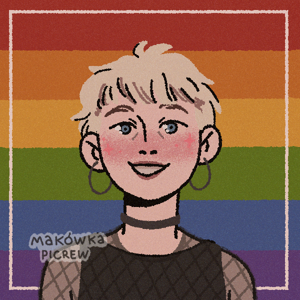 smiling man wearing fishnets and makeup in front of rainbow pride colors