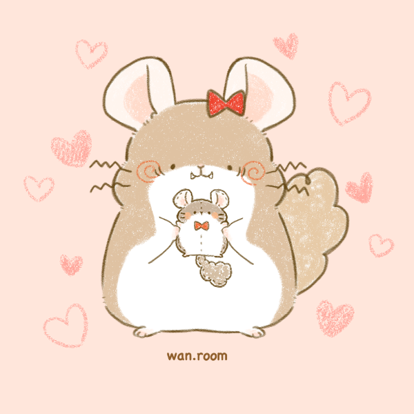 brown chinchilla with hairbow and wiggly whiskers holding plush of smaller chinchilla with bowtie