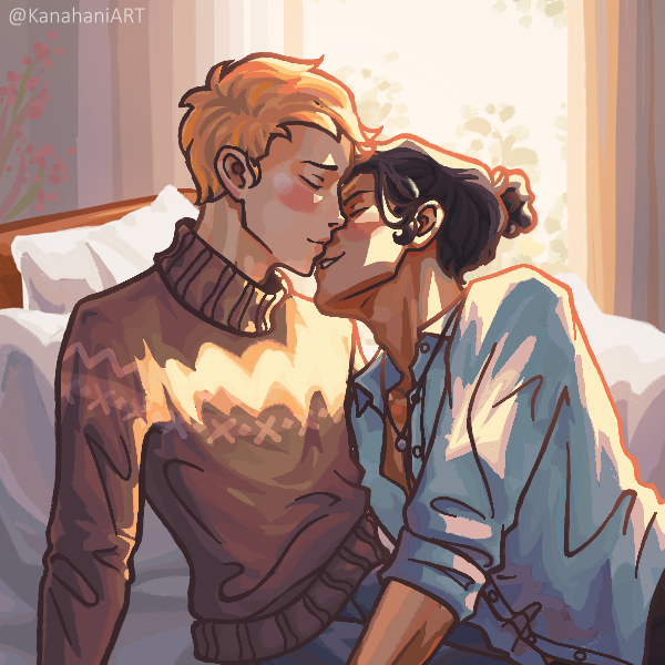 gay couple leaning into a kiss on a bed