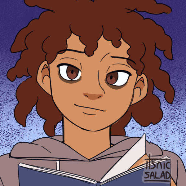 butch with bags under eyes reading a book