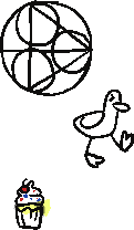 doodle of a duck, cupcake, and glyph